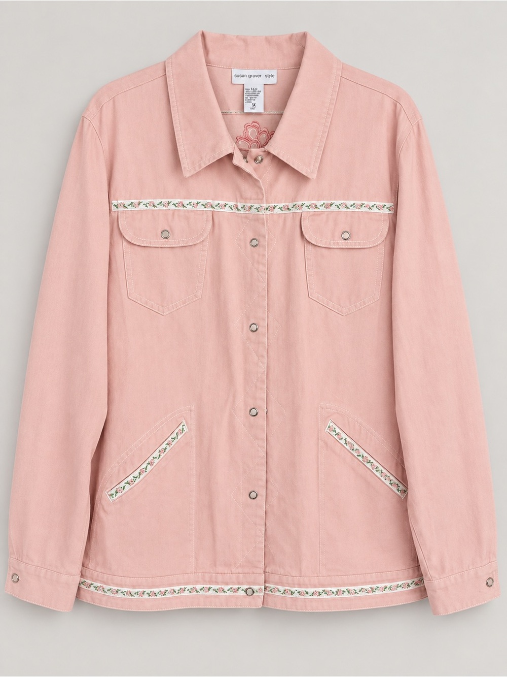 Susan Graver Blush Pink Embroidered Snap-Front Jean Jacket